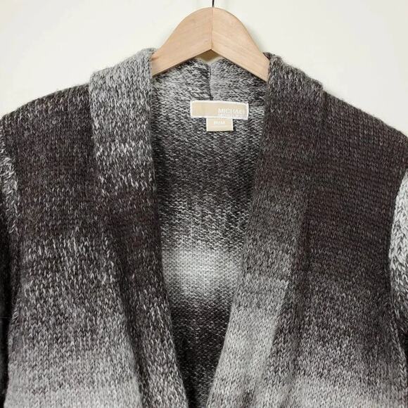 Michael Kors Wool Alpaca Cardigan Striped Open Front Sweater Women PM Gray Black - Picture 2 of 11